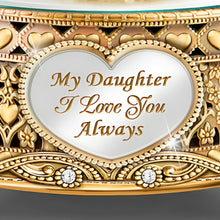 Load image into Gallery viewer, The Bradford Exchange "A Daughter Is A Treasure Forever" Pierced Filigree Metal Golden Music Box with Sentiment, Mirror Lid and Faceted Jewel Heart 4-inches - RCE Global Solutions