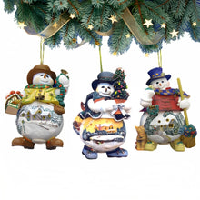 Load image into Gallery viewer, The Ashton-Drake Galleries Memories of Christmas Snowman Ornament Collection Issue #6 Set of 3 Christmas Decoration by Thomas Kinkade 4-inches - RCE Global Solutions