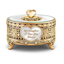 Load image into Gallery viewer, The Bradford Exchange "A Daughter Is A Treasure Forever" Pierced Filigree Metal Golden Music Box with Sentiment, Mirror Lid and Faceted Jewel Heart 4-inches - RCE Global Solutions