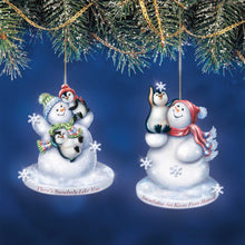 Load image into Gallery viewer, The Bradford Exchange Dona Gelsinger The Warmth of Christmas Ornament Collection Issue #1 Illuminated Snowman with Penguin Pals Set of 2 4.5-inches - RCE Global Solutions