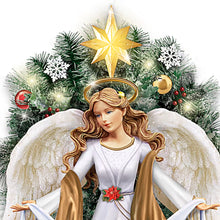 Load image into Gallery viewer, The Bradford Exchange Heavenly Angel Wreath Pre-Lit Teardrop Christmas Wreath with Sculpted Angel LED Lights 24-Hour Timer Joy to the World Banner Religious Christmas Decor 24-Inch