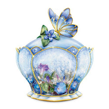 Load image into Gallery viewer, The Bradford Exchange Whispering Wings Porcelain Sapphire Glass Jeweled Music Box With Butterfly Handle Landing Upon a Flower by Artist Lena Liu Plays the Song On The Wings of Love 4"-Inches - RCE Global Solutions