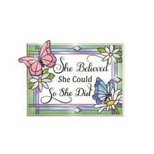Load image into Gallery viewer, The Bradford Exchange She Believed She Could Suncatcher Handcrafted Blossoms and Butterfly Inspirational Home Decor Designs and Perfect Gift for Strong Women Stained Glass Artwork Inspired by Louis Comfort Tiffany 7" L x 5" H - RCE Global Solutions