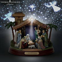 Load image into Gallery viewer, The Bradford Exchange Hawthorne Village Division Projection Nativity 'Oh Come All Ye Faithful' Nativity Sculpture Hand-Painted with Starry Projection & Illuminated Manger by Thomas Kinkade 8-Inches - RCE Global Solutions