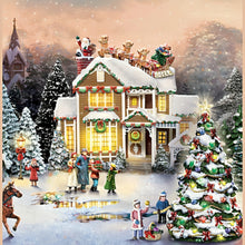 Load image into Gallery viewer, The Bradford Exchange Up On the Housetop Thomas Kinkade Sounds of The Season Village Collection Issue #1 Hawthorne Village Division with LED Lights and Melodies Handcrafted Holiday Village Christmas Decoration Includes FREE Family Figurines - RCE Global Solutions