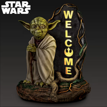 Load image into Gallery viewer, The Bradford Exchange Star Wars Master Yoda Solar Lit Welcome Sign Hand Painted Yoda Statue LED Light Outdoor Indoor Decor UV Water Resistant Light Sensing Panel 14-Inches