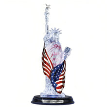 Load image into Gallery viewer, The Bradford Exchange Freedom's Light Endures Sculpture Collection Issue #2 Illuminated Handcrafted Crystal-Clear Resin Statue of Liberty with Real Fabric American Flag Patriotic Changing Colors Glossy Black Base with Etched Silvery Title Plaque 8-inches - RCE Global Solutions