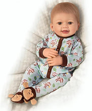 Load image into Gallery viewer, The Ashton-Drake Galleries Lucas Monkey-Themed Lifelike Baby Doll RealTouch® Vinyl Poseable Weighted Cloth Body Hand-rooted Hair by Linda Murray 18-inches