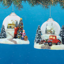 Load image into Gallery viewer, The Bradford Exchange Joy To The World Christmas Ornament Set #4 2 Piece Lighted Glass Globe with Snowy Holiday Home Scenes Holiday Home Decor by Thomas Kinkade 3-inches