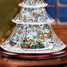 Load image into Gallery viewer, The Bradford Exchange Thomas Kinkade Holiday Reflections Hand Cut Crystal Christmas Tree Decoration With 3D Village Inside and a Miniature Moving Train Plays Medley of Christmas Songs 13.5-Inches - RCE Global Solutions