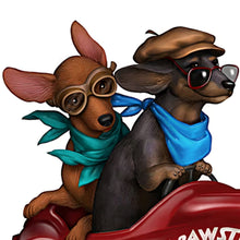 Load image into Gallery viewer, The Hamilton Collection Paws To The Pedal Dachshund Figurine Handcrafted Hand-Painted Doxie Dog Statue with Red Roadster Car Scarves Sunglasses and Woof Vanity Plate by Blake Jensen 3.5-Inches