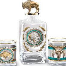 Load image into Gallery viewer, The Bradford Exchange Pride of The West Decanter and Glass Set Native American Indian Western Buffalo Nickel Inspired Collection with 12K Gold Rims in Satin Gift Box 5 Pieces - RCE Global Solutions