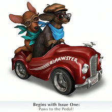 Load image into Gallery viewer, The Hamilton Collection Paws To The Pedal Dachshund Figurine Handcrafted Hand-Painted Doxie Dog Statue with Red Roadster Car Scarves Sunglasses and Woof Vanity Plate by Blake Jensen 3.5-Inches