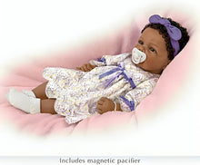 Load image into Gallery viewer, The Ashton-Drake Galleries So Truly Real All God's Grace in One Tiny Face Lifelike Baby Doll with A Cross Bracelet and Featuring A Purple-Accented Dress 20-inches