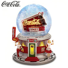 Load image into Gallery viewer, The Bradford Exchange COCA-COLA Rocking and Rolling Glitter Globe 1950s Nostalgia Collectible with Illuminating Neon Sign Classic Contoured Bottle and Diner-Inspired Base Expertly Handcrafted Plays Hit 50's Tune 6" W x 8" H - RCE Global Solutions