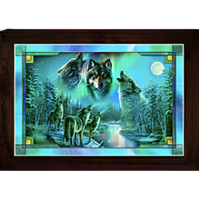 Load image into Gallery viewer, The Bradford Exchange Aurora Borealis Illuminated Stained Glass Wall Decor Featuring Wolf Art With A Dramatic Built-In Lighting Effect Of Color Changing Violet, Green & Blue Lights by James Meger 20-inches - RCE Global Solutions