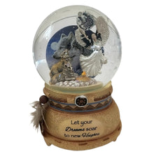 Load image into Gallery viewer, The Bradford Exchange Mystical Dreams Illuminated Musical Glitter Globe Collection Issue #5 "Nocturnal Guardian" Wolf Maiden Snow Globe Handcrafted Decor with LED Lights by Robin Koni 5-Inches