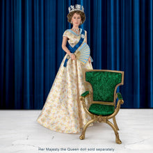 Load image into Gallery viewer, The Ashton-Drake Galleries Queen Elizabeth II Portrait Doll Chair Accessory, Green Satin Drawing Room Throne, Windsor Castle Replica - RCE Global Solutions
