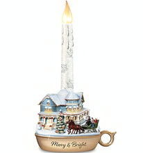 Load image into Gallery viewer, The Bradford Exchange Lights of the Season Candle Collection Issue #1 Merry and Bright Holiday Flameless Candles with Heartwarming Sculptures Hand-painted Christmas Decor by Thomas Kinkade 9-inches