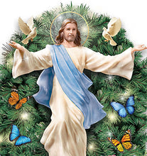 Load image into Gallery viewer, The Bradford Exchange Thomas Kinkade He Is Risen Illuminated Easter Wreath Teardrop-Shaped Christian Wall Décor with LED Lights, Jesus Figure, Floral Accents & 24-Hour Timer 18-inches