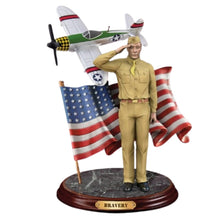 Load image into Gallery viewer, The Bradford Exchange Defenders of Freedom Bravery Tuskegee Airmen Sculpture, Hand-Painted Military Figurine with Fighter Plane, American Flag and Mahogany-Finished Base 9-inches