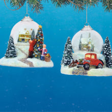 Load image into Gallery viewer, The Bradford Exchange Joy To The World Christmas Ornament Set #4 2 Piece Lighted Glass Globe with Snowy Holiday Home Scenes Holiday Home Decor by Thomas Kinkade 3-inches
