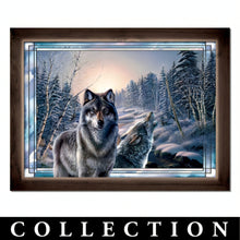 Load image into Gallery viewer, The Bradford Exchange Twilight Gathering Guardians of the Wild Wall Decor Collection Issue #1 Illuminated Stained-Glass Wolf Pack Series Expertly Fused Genuine Glass with Rustic Wooden Frame and Remote-Controlled LED Lighting by James Meger 8-inches - RCE Global Solutions