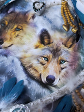 Load image into Gallery viewer, The Bradford Exchange True Hearts Dreamcatcher Collection Issue #3: 'Awakening Dreams' Wolf Artwork Heart-Shaped Resin Frame with Real Leather Feathers and Beads by Carol Cavalaris 9.5-Inches - RCE Global Solutions
