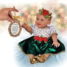 Load image into Gallery viewer, The Ashton-Drake Galleries My First Christmas Baby Doll Collection Issue #2: "Holly" Handcrafted Doll with Limbs Emerald Velvet Dress with Satin Yoke and Golden Faux Pearls and Keepsake Gold-Toned Ornament Picture Frame Realistic Design by Ping Lau 17" - RCE Global Solutions