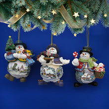 Load image into Gallery viewer, The Ashton-Drake Galleries Memories of Christmas Snowman Ornament Collection Issue #8 Set of 3 Christmas Decoration by Thomas Kinkade 4-inches - RCE Global Solutions