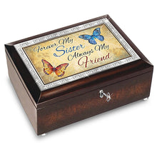 Load image into Gallery viewer, The Bradford Exchange Forever My Sister, Always My Friend Music Box with Poem Card Handcrafted Mahogany-Finished with Butterfly Art Plays "You Are My Sunshine" 4-inches - RCE Global Solutions