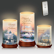 Load image into Gallery viewer, The Bradford Exchange Pillars of Light Waxed Flameless Candle Set of 3 with LED Lights Feature T-Kinkade Holiday Christmas Decor Art 24 Hour Timer with Remote Control 6"-Inches - RCE Global Solutions