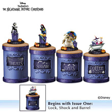 Load image into Gallery viewer, The Bradford Exchange Disney Tim Burton's The Nightmare Before Christmas Canister Collection Issue #1 Lock Shock and Barrel Handcrafted Stoneware Canister with Ingredient Labels Sculptural Lid and Spooky Details 11-inches - RCE Global Solutions