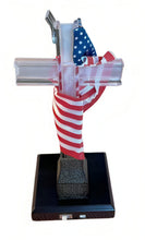 Load image into Gallery viewer, The Bradford Exchange Our Faith Endures Sculpture Collection Issue #6 Tribute to the World Trade Center Cross Crystal Clear Resin Handcrafted Illuminated American Flag and Gloss-Black Base Heirloom-Quality Artwork with Etched Silver Title Plaque 10-inches - RCE Global Solutions