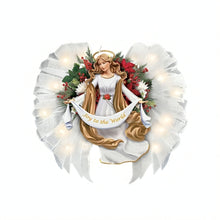 Load image into Gallery viewer, The Bradford Exchange Joy to the World Wreath Light Up Angel Christmas Decor Sculpted with Gossamer Fabric Wings Pre-Lit LED Holiday with 24-Hour Timer Handcrafted Always in Bloom 19-inches