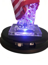 Load image into Gallery viewer, The Bradford Exchange Freedom's Light Endures Sculpture Collection Issue #2 Illuminated Handcrafted Crystal-Clear Resin Statue of Liberty with Real Fabric American Flag Patriotic Changing Colors Glossy Black Base with Etched Silvery Title Plaque 8-inches - RCE Global Solutions