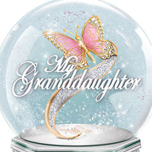 Load image into Gallery viewer, The Bradford Exchange See Yourself Through Granddaughter Mirrored Musical Butterfly Glitter Globe Shimmers Silvery & Hexagonal Base Meaningful Gift 6-inches