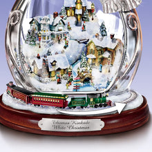 Load image into Gallery viewer, The Bradford Exchange Thomas Kinkade White Christmas Masterpiece Edition Genuine Crystal Snowman Figurine Decoration Features Miniature Illuminated Village and Miniature Moving Train 10"-Inches - RCE Global Solutions