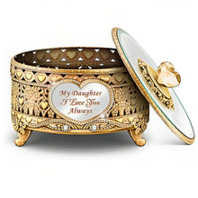 Load image into Gallery viewer, The Bradford Exchange "A Daughter Is A Treasure Forever" Pierced Filigree Metal Golden Music Box with Sentiment, Mirror Lid and Faceted Jewel Heart 4-inches - RCE Global Solutions
