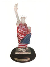 Load image into Gallery viewer, The Bradford Exchange Freedom's Light Endures Sculpture Collection Issue #2 Illuminated Handcrafted Crystal-Clear Resin Statue of Liberty with Real Fabric American Flag Patriotic Changing Colors Glossy Black Base with Etched Silvery Title Plaque 8-inches - RCE Global Solutions