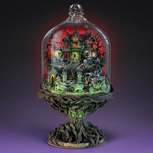 Load image into Gallery viewer, The Bradford Exchange Dome Of Doom Light-Up Haunted House Sculpture Handcrafted Hand-painted Encase in Clear Glass with Skull Topper Gnarled Tree Base Halloween Decor 11-inches - RCE Global Solutions