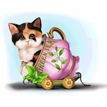 Load image into Gallery viewer, The Hamilton Collection Green Kit Tea Cute-Tea Express Cat Figurine Collection Issue #3 Handcrafted and Hand Painted by Kayomi Harai 3.5-inches - RCE Global Solutions