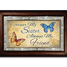 Load image into Gallery viewer, The Bradford Exchange Forever My Sister, Always My Friend Music Box with Poem Card Handcrafted Mahogany-Finished with Butterfly Art Plays "You Are My Sunshine" 4-inches - RCE Global Solutions