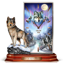Load image into Gallery viewer, The Bradford Exchange Call of the Wild Wolf Aurora Borealis Sculptural LED Quartz Clock by James Meger 9.5-inches