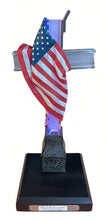 Load image into Gallery viewer, The Bradford Exchange Our Faith Endures Sculpture Collection Issue #6 Tribute to the World Trade Center Cross Crystal Clear Resin Handcrafted Illuminated American Flag and Gloss-Black Base Heirloom-Quality Artwork with Etched Silver Title Plaque 10-inches - RCE Global Solutions