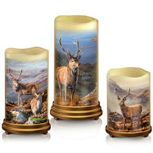 Load image into Gallery viewer, The Bradford Exchange ‘Let Your Spirit Be Free’ Stag Flameless Candle Set Wildlife Art Candle Trio by Martin Ridley with Remote & Bronze-Tone Stands 11-inches