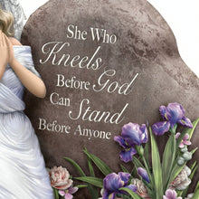 Load image into Gallery viewer, The Hamilton Collection She Who Kneels Before God Can Stand Before Anyone Religious Praying Angel Figurine Inspirational Faith Keepsake with Handcrafted Resin Glitter Accents and Sculptured Bas-Relief Flowers by Dona Gelsinger 8.5" W x 5.11" H - RCE Global Solutions