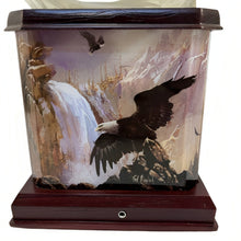 Load image into Gallery viewer, The Bradford Exchange King's Domain Illuminated Eagle Sculpture Wildlife Art Lustrous Acrylic Tower with Hidden Bulbs Handcrafted Walnut-Stained Base Eagles Riding a Gust of Crystalline from Illuminations Of Majesty Collection Issue #2 by Ted Blaylock 12" - RCE Global Solutions