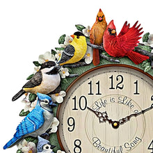 Load image into Gallery viewer, The Bradford Exchange Songbird Melodies Wall Clock with Sculpted and Hand-Painted Resin Birds with Wooden Frame Plays 12 Authentic Bird Songs Hourly Featuring 12 Bird Species and Floral Accents 12" D - RCE Global Solutions