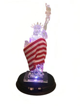 Load image into Gallery viewer, The Bradford Exchange Freedom's Light Endures Sculpture Collection Issue #2 Illuminated Handcrafted Crystal-Clear Resin Statue of Liberty with Real Fabric American Flag Patriotic Changing Colors Glossy Black Base with Etched Silvery Title Plaque 8-inches - RCE Global Solutions